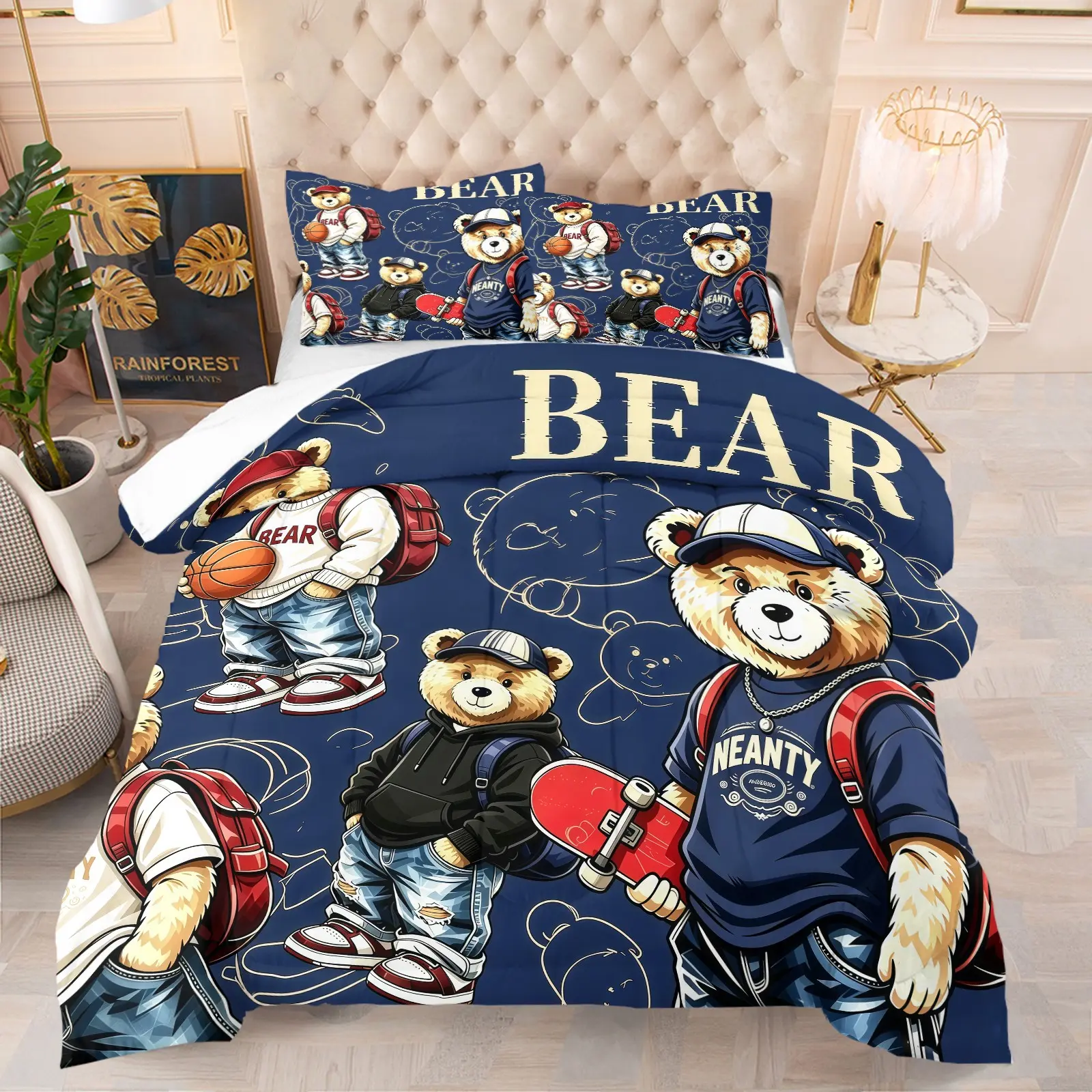 Cool and trendy teddy bear print pattern set, including 1 blanket and 1 or 2 pillowcases without pillowcases, soft children's and adult bedroom decoration gifts