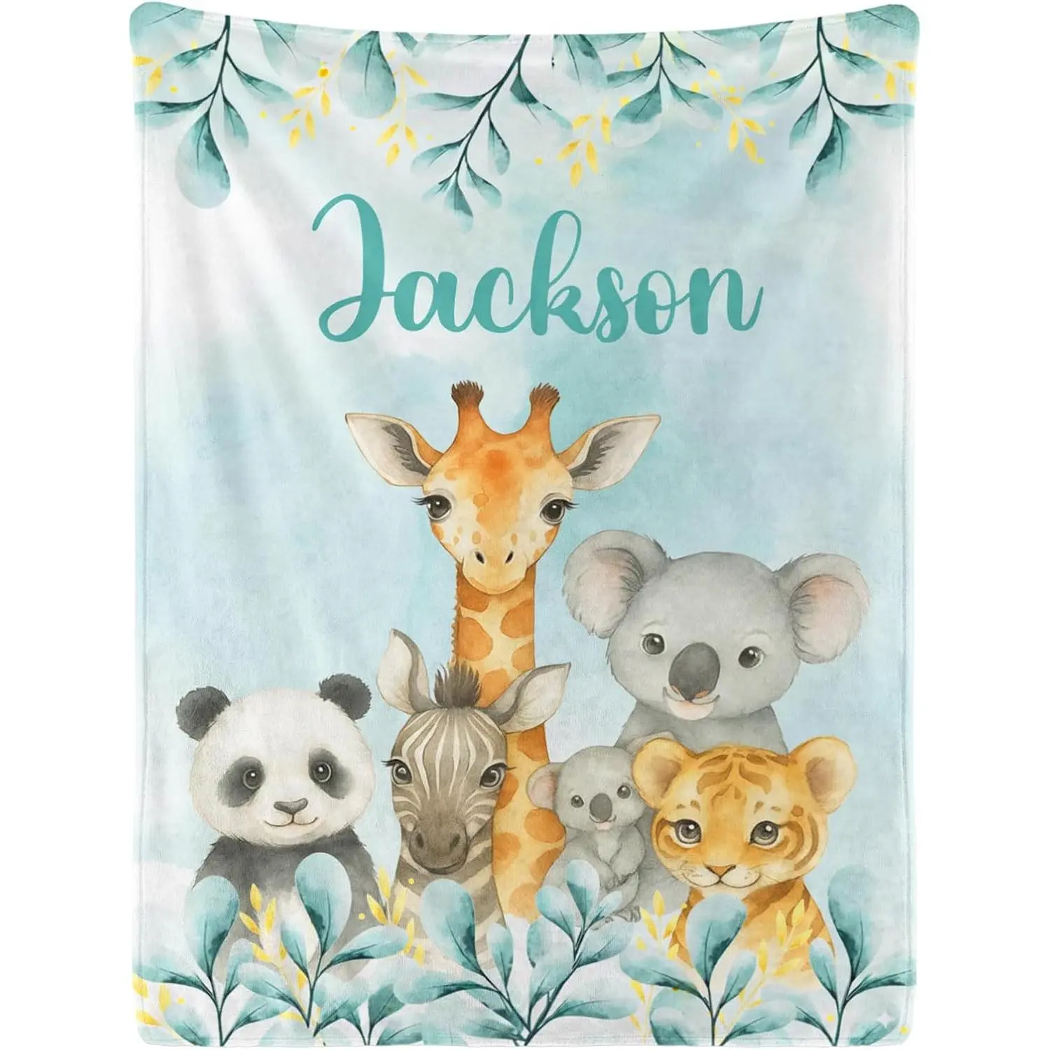 Personalized Name Safari Jungle Animal Flannel Throw Blanket, Watercolor Giraffe Koala Zoo Print Decor Blanket, Custom Name Keepsake Gift, Soft Cozy Blanket for Living Room & Bedroom