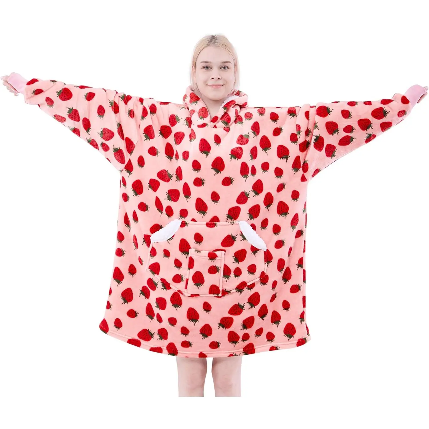 Wearable Blanket Hoodie for Adult, Oversized Fleece Hooded Sweatshirt, Cozy Blanket Hoodie with Sleeves for Winter Gift (Pink Strawberry)