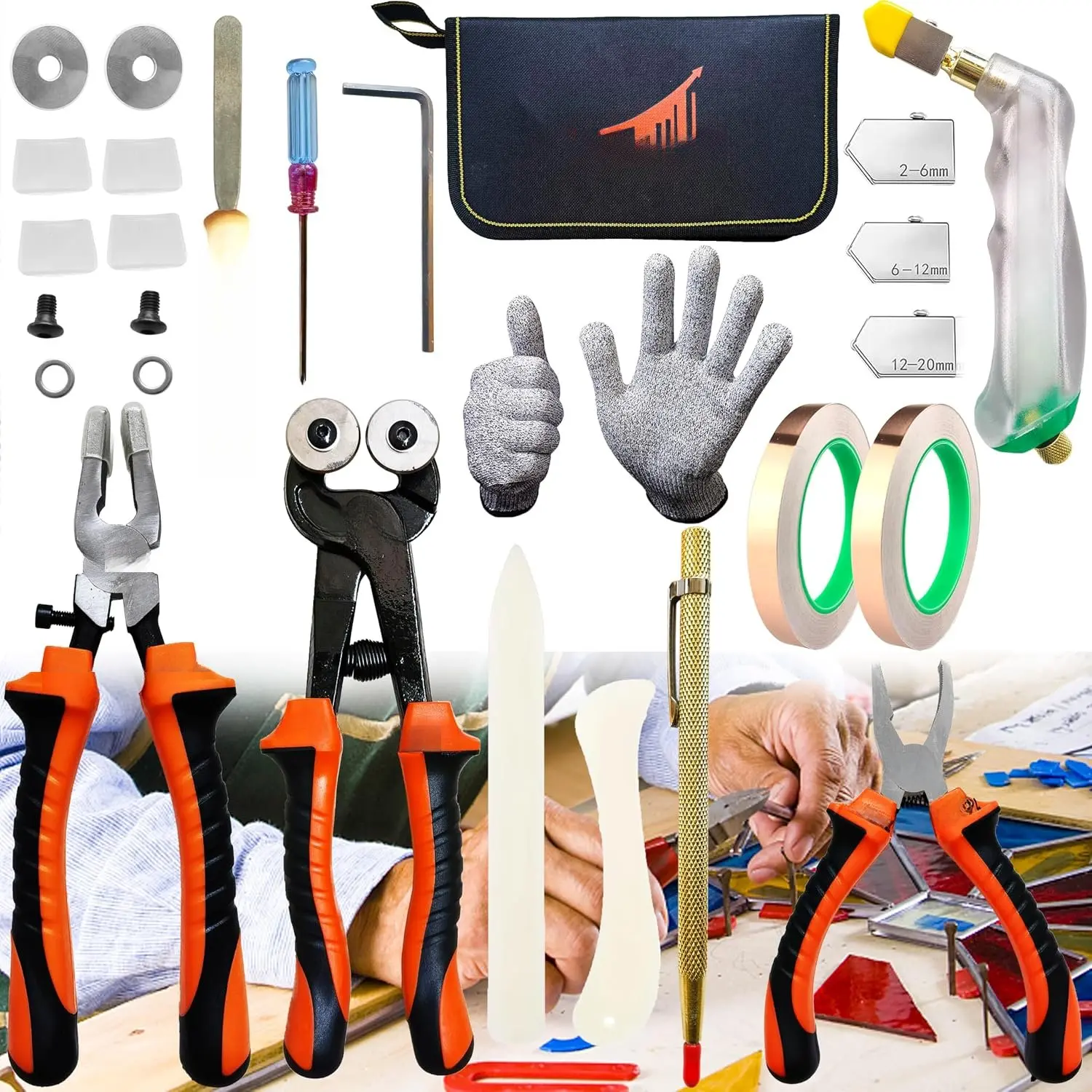 26 count Stained Glass Kit,Glass Cutters Tools,Stained Glass Supplies,Heavy Duty Glass Running Pliers,Wheeled Glass Nippers,Breaker Grozer Pliers,Glass ,for Stained Glass,Mosaics,Fusing,Breaking(3)