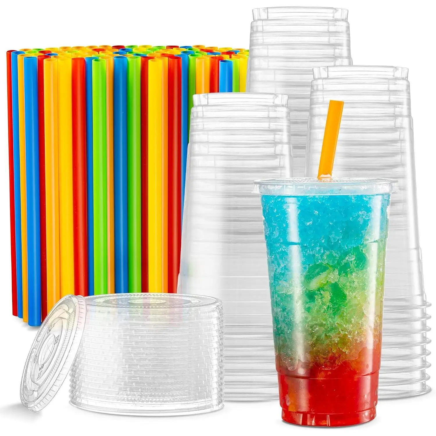 [40 Sets - 12 Oz]  Clear Plastic  Cups With Flat  & Straws for Iced Coffee, Cold Drinks, Milkshake, Slush Cups, Smoothy's, Slurpee, Party's, Plastic Disposable Cups
