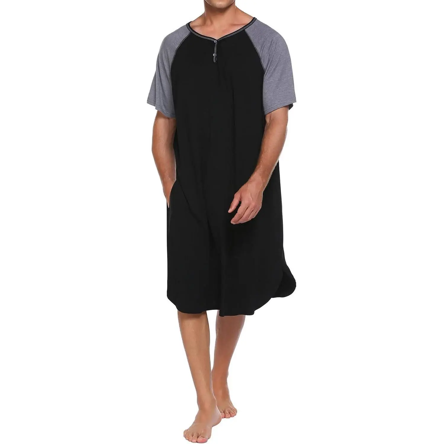 Mens Nightgown Henley Y-Neck Night Shirt for Sleeping Short Sleeve Loose Kaftan Sleepwear with Pockets