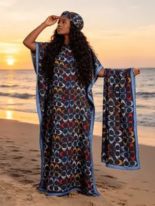 Deep Navy Base Vibrant Multi-Color Interlink Geometric Print Silky Satin Kaftan 2 Piece Outfit with Coordinating Scarf, Oversized Plus Size Loungewear, Versatile Beach Swim Cover Up, Tropical Resort Formal Long Dress