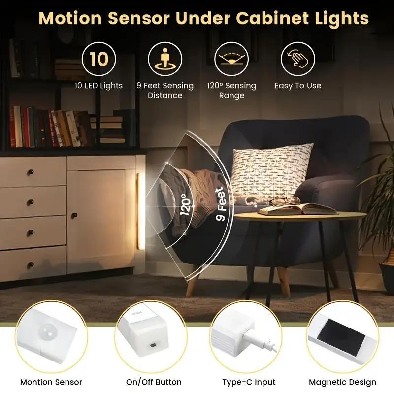 6-Pack Magnetic Under-Cabinet LED Lights, Rechargeable Human Motion-Sensor & Motion-Sensor Lamps for Kitchen, Bedroom, Closet & Sink Area, Modern Under-Cabinet Downlighting with Long-Lasting Lithium Polymer Batteries