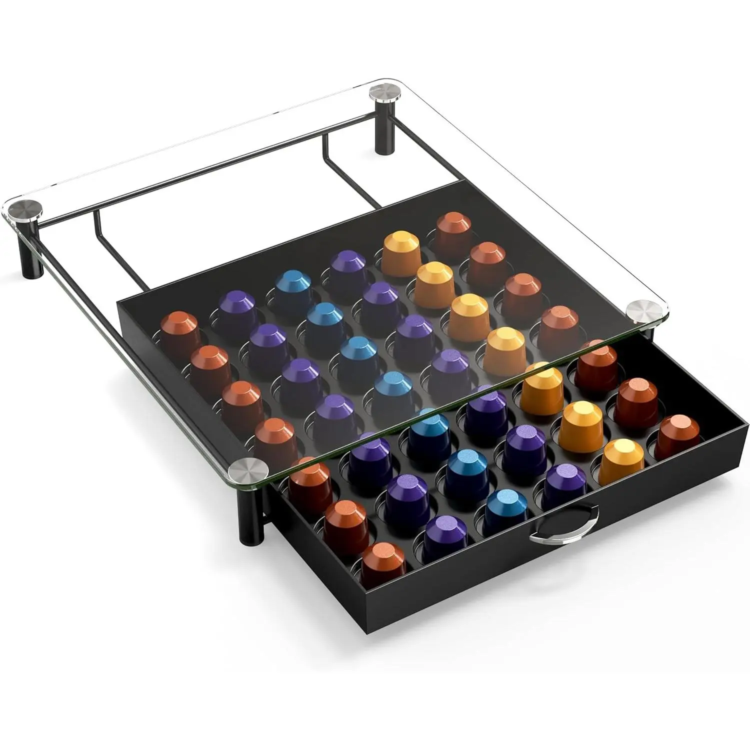 Coffee Pod Drawer with Tempered Glass Top - Nespresso Original Line Storage, 42-Capsule Capacity, Large Surface, Organized Rows, Recessed Tray