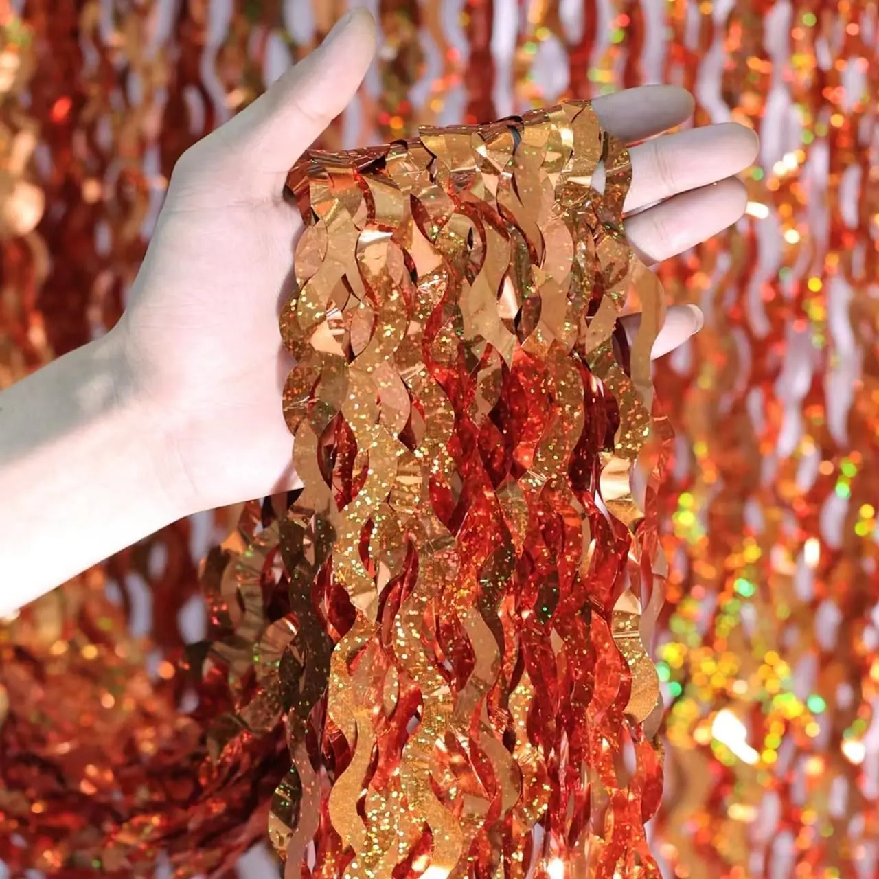 Orange Fringe Curtains 4 Pack, 3.3x6.6 ft Wavy Metallic Foil Tinsel Backdrop with a Sparkly Look for Party Photo, Wall & Door Decor, Party Decor, Aluminium Foil