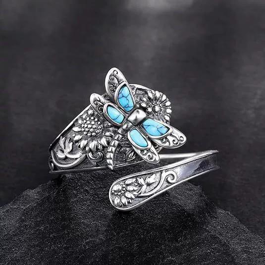 Vintage bohemian turquoise dragonfly sunflower wrap ring for women