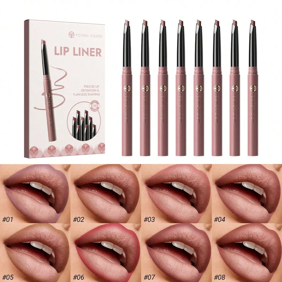 8Pcs Matte Lip Liner Set, Nude & Brown Shades, Waterproof Long-Lasting Velvet Lip Stick Pencils, Sculpt 3D Lip Contour For European American M Lips, Portable All-Match Daily & Party Lip Makeup Kit