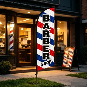 6.5 Ft Feather Flag for Barbershop, Retro Men's Grooming Banner, Polyester, Waterproof, Wind-Resistant, Portable, Outdoor Use