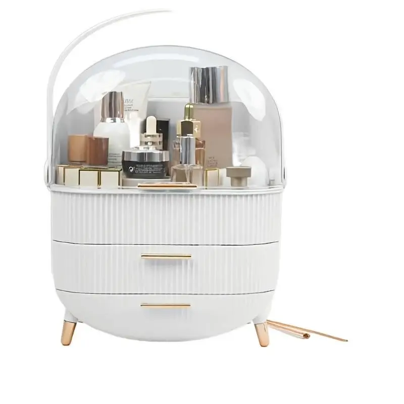 Expandable Standalone Vanity Shelf, Transparent Acrylic Lid Dust-Proof Plastic Storage Box with Drawers, Portable LED Beauty Organizer for Skincare, Lipstick Home Decor, Lightweight
