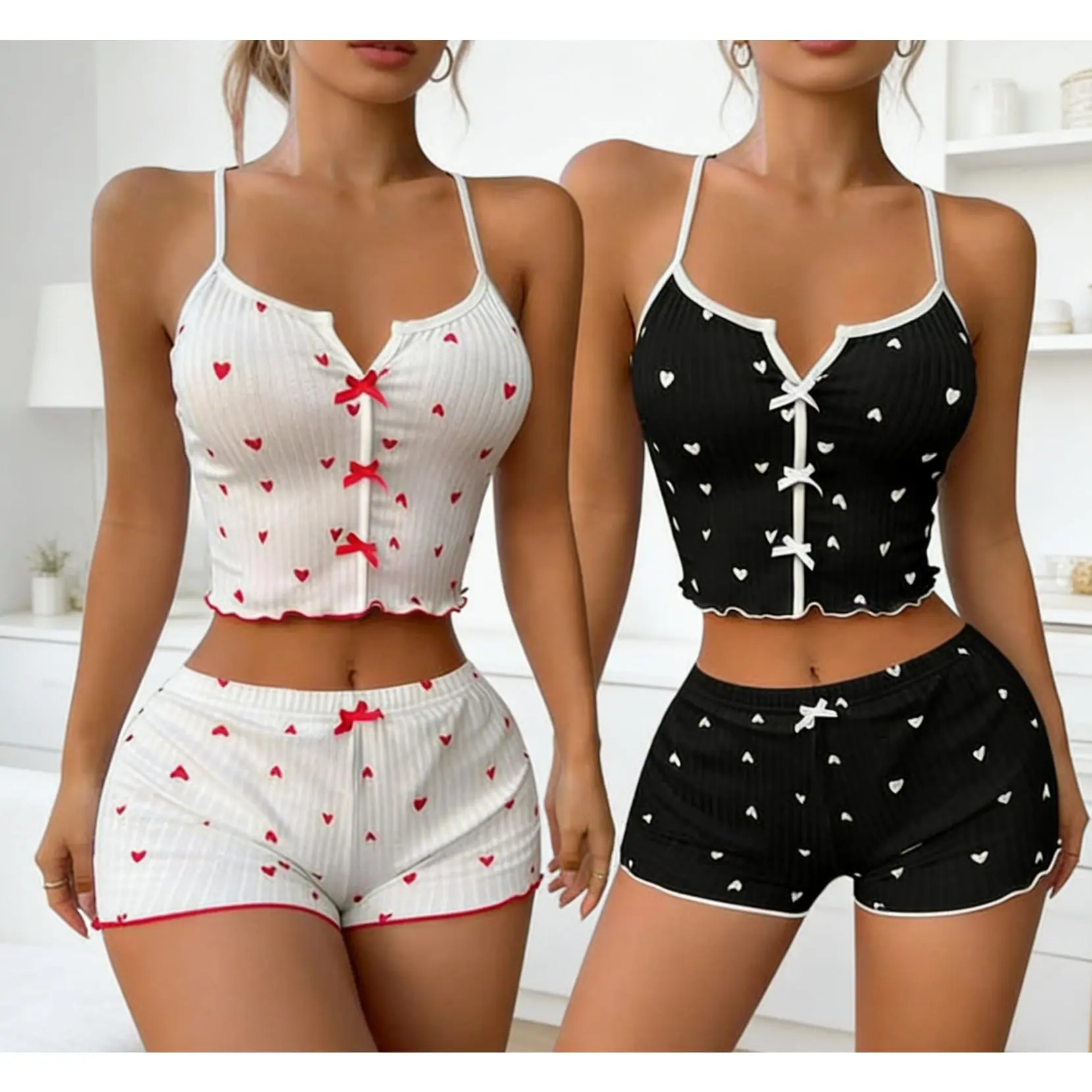Women's 2-Pack Knit Pajama Suit, Cute Heart Print Ribbed Polyester Fabric Loungewear with Spaghetti Strap Cami and Stretchy Frill Trim Pants (PJ Sets for Women), Pajama Sets Women, 1 Clothes 1 Pants