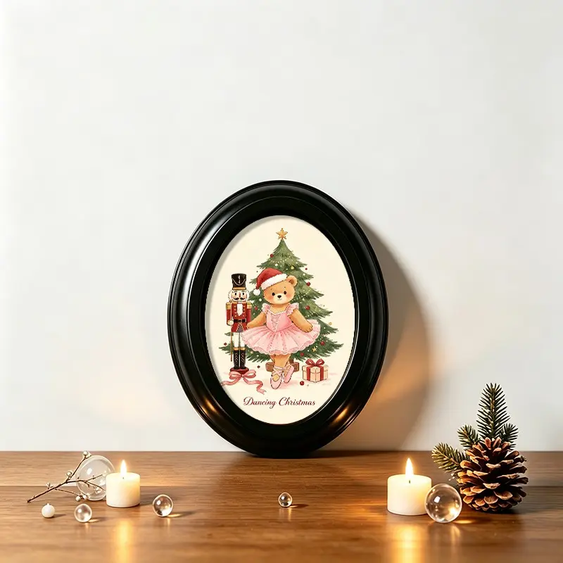 1 count Dancing Christmas Framed Oval Art, Vintage Ballerina Teddy Bear in Pink Tutu Santa Hat with Nutcracker, Xmas Tree & Gift, Festive Wall Tabletop Decor, Cute Christmas Gift