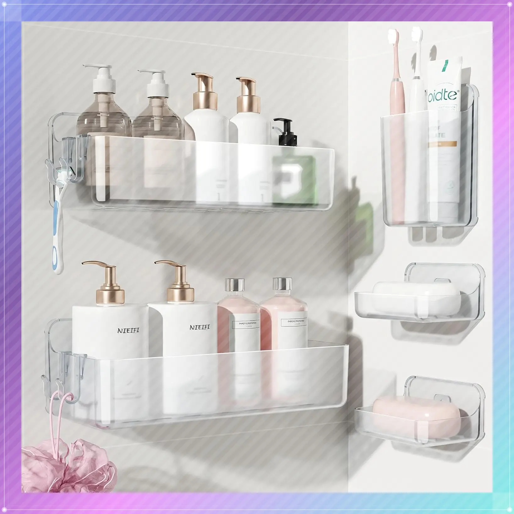 Adhesive Shower Shelves, Clear, 5 Pack | Rustproof ABS, Large Capacity, Removable Design, Easy-Clean, No Drilling Shower Organizer for Bathroom Storage & Home DecorGift