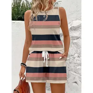 Women's 2-Piece Casual Striped Sleeveless Vest & Shorts Set, Women's Clothes for Spring/Summer Fashion