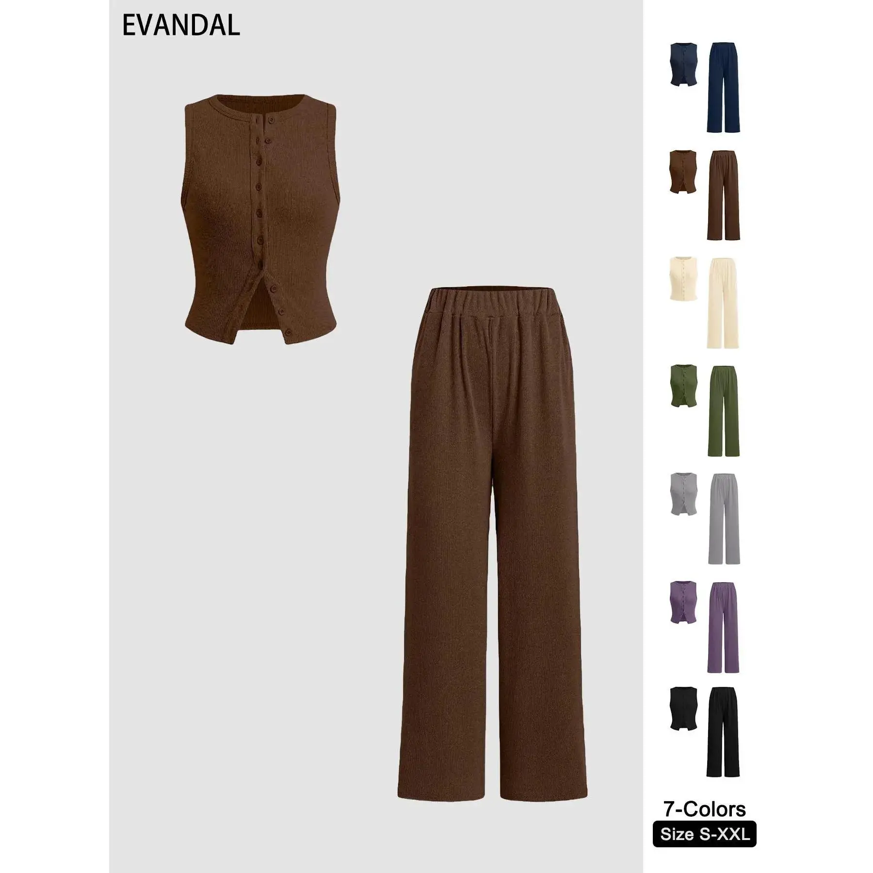 Women's Solid Ribbed Button Tank Top & Straight Leg Pants Two-piece Set, Casual Sleeveless Top & Trousers for Daily Wear, Ladies Two-piece Outfits for All Seasons, Clothes,Airport Outfit
