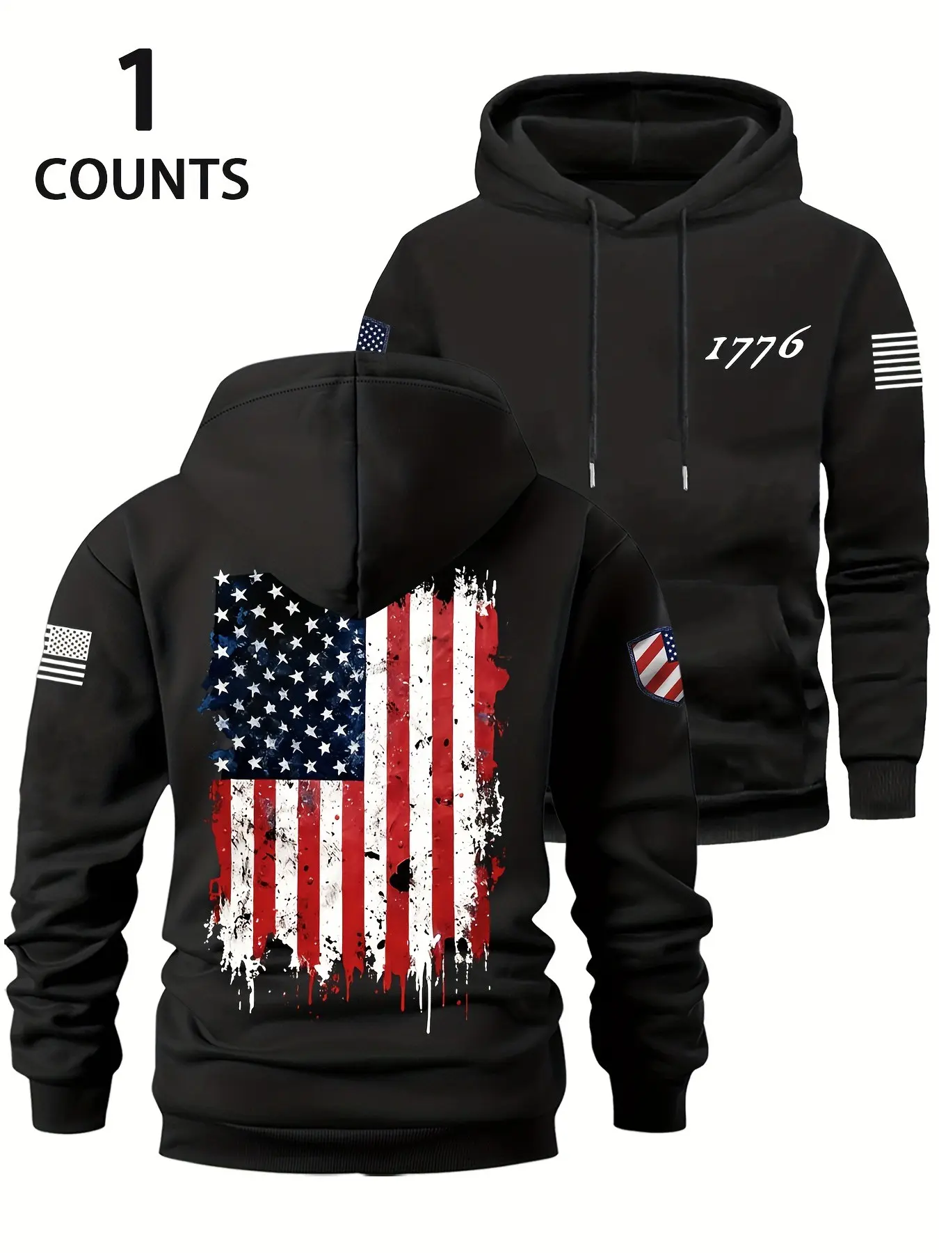Vintage Distressed American Flag 1776 Print Hoodie, American Retro Loose Long Sleeve Top, Casual Winter Fitted Sweatshirt