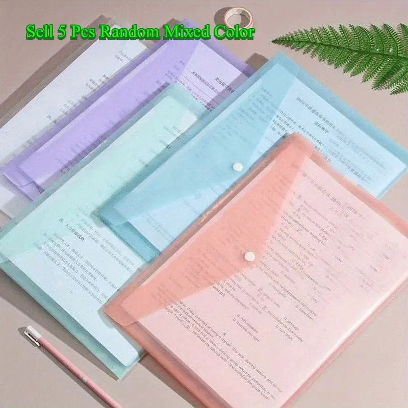 5 Pcs Random Mixed Color A4 Macaron Transparent Snap Button File Pouches, Plastic Folders, Versatile Modern Style, Sturdy Durable PP Material, Snap Closure for Secure Storage, Dual-use for Student School Supplies & Daily Office Document Organization