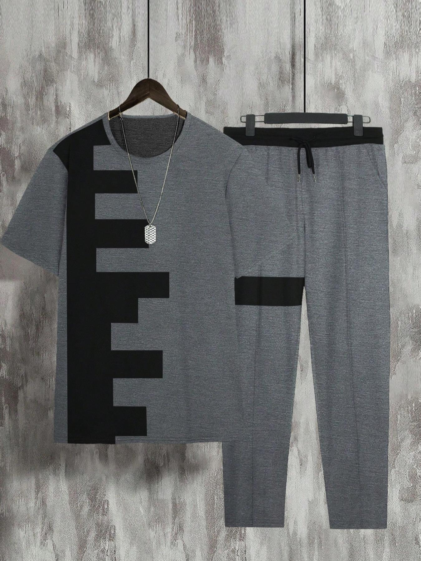 Two Counts Men's Patchwork Colorblock Print Pocket Pants Set, Casual Short Sleeve Fitted Crewneck Round Neck Jersey Tee & Drawstring Waist Pants Casual Trousers, Men's 2 Piece Set, T Shirt Set, Fashion Men's Outfits For Summer, Clothing, Menswear