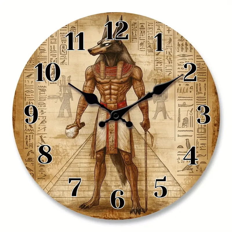 1 piece, fantasy-themed wall clock, featuring an image resembling Anubis, with Egyptian hieroglyphics in the background, silent clock, round shape, battery-powered, suitable for living rooms, historical-themed room decor, a unique gift for ancient Egyptia