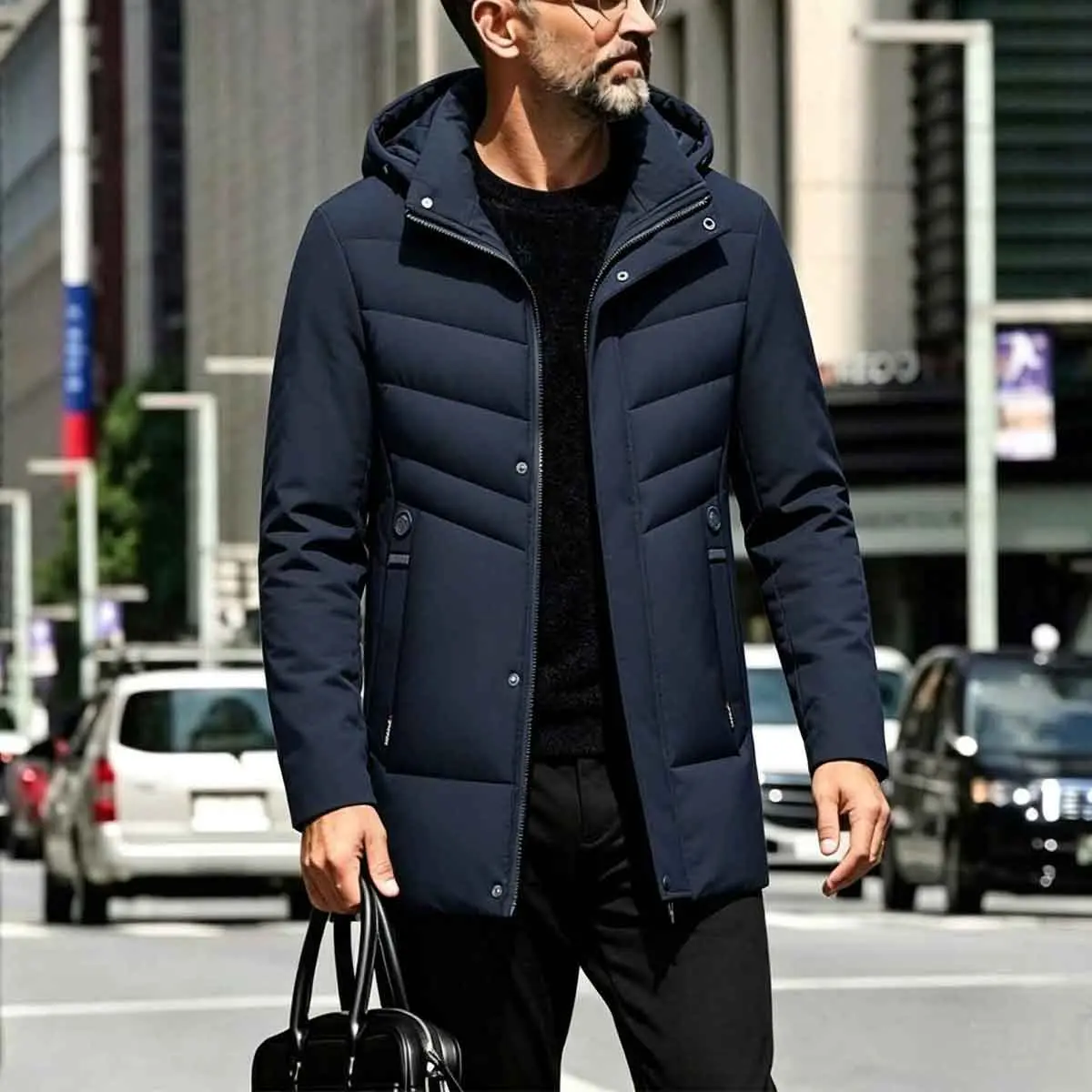 Men Mid Length Hooded Padded Winter Coat, Business Casual Quilted Warm Jacket, Zip Snap Button Windproof Outerwear, Slim Fit Solid Thermal Outer Coat for Autumn Winter Business Work, City Commute, Travel And Daily Casual Outfits
