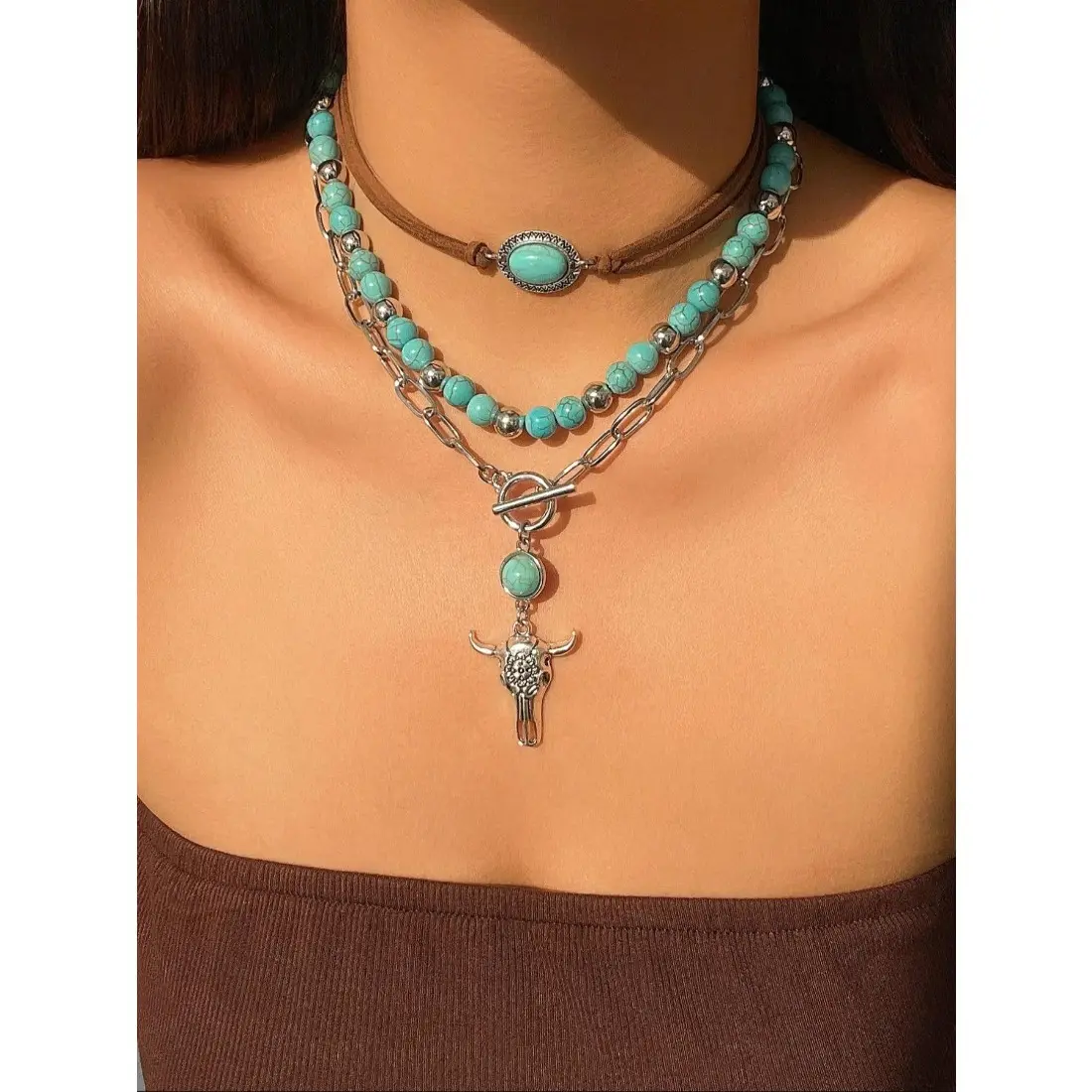 Vintage Cow Head Decor Beaded & Pendant Necklaces, Boho Style Turquoise Decor Necklace for Women & Girls, Party, Daily Clothing Decor, Birthday Gift, Daily Wear Necklace, Boho Style Jewelry, Jewelry Gifts