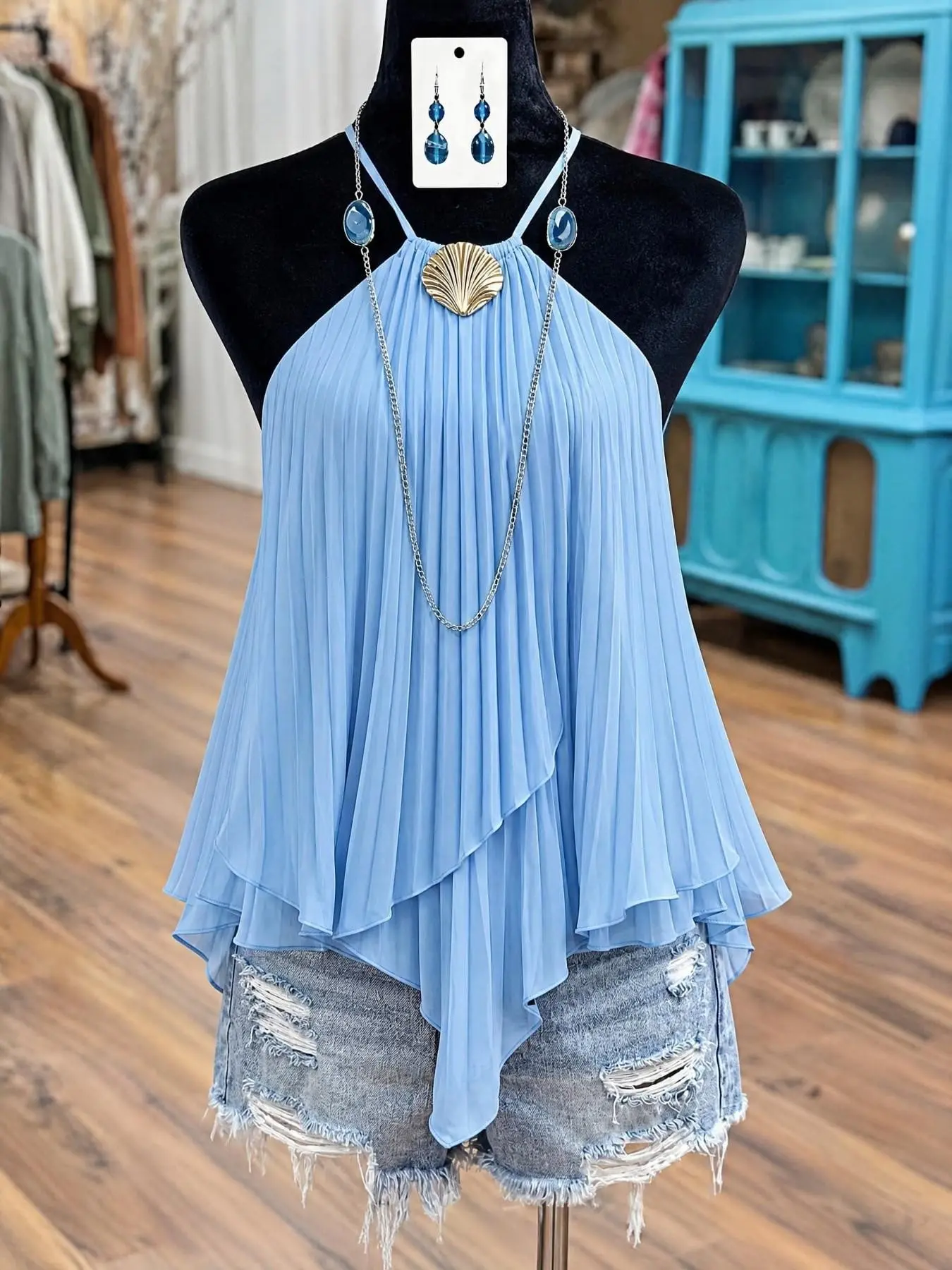 Plus Size Women's Halter Neck Top, Solid Color Pleated Asymmetrical Cut, Loose Fit Breathable Design, Stylish Chic Daily Wear