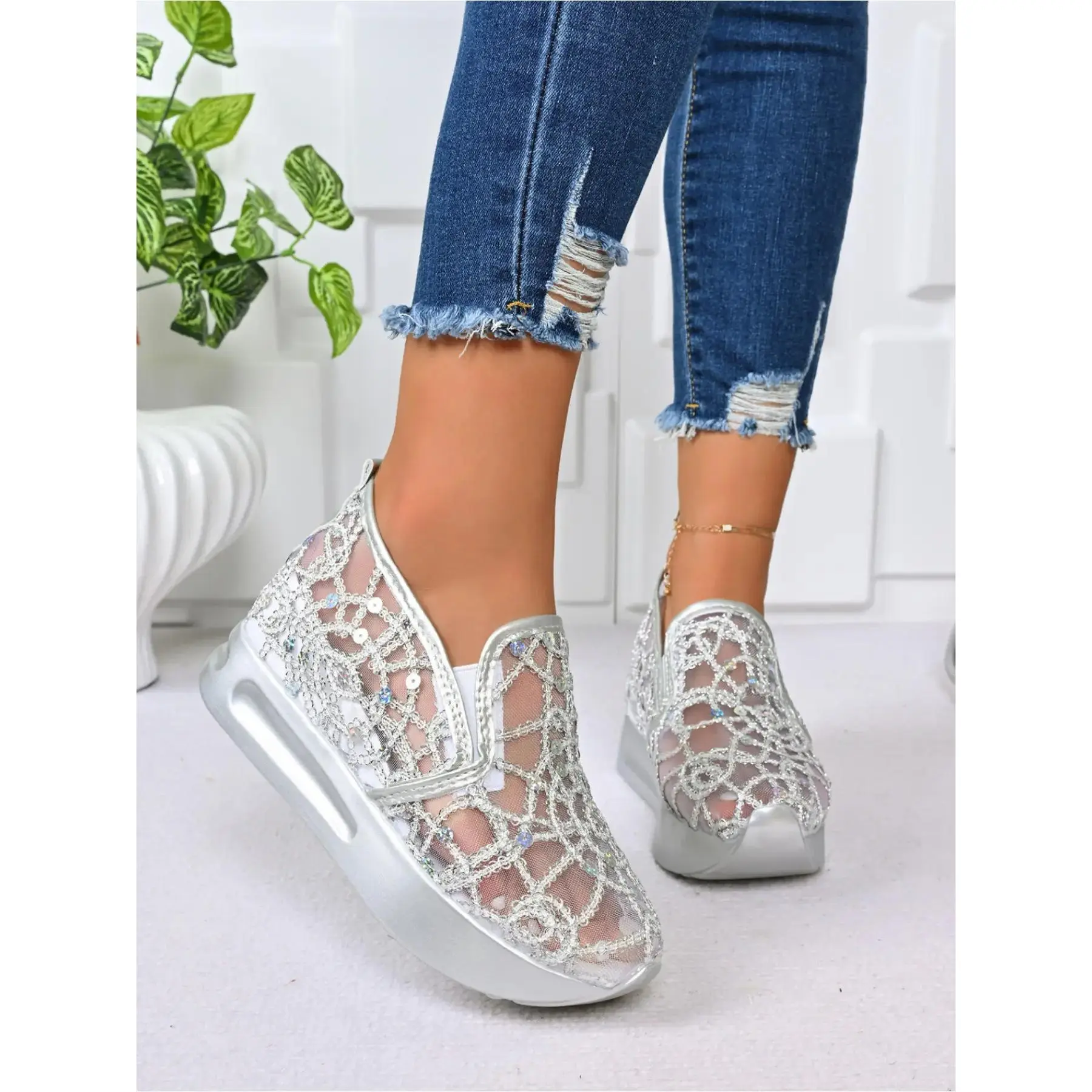 Women's Silver Mesh Rhinestone Slip-On Platform Sneakers - Hollow Knit Breathable Casual Shoes with Wedge Sole, Summer Fashion Loafers, Slip On Lightweight, Slip On Style