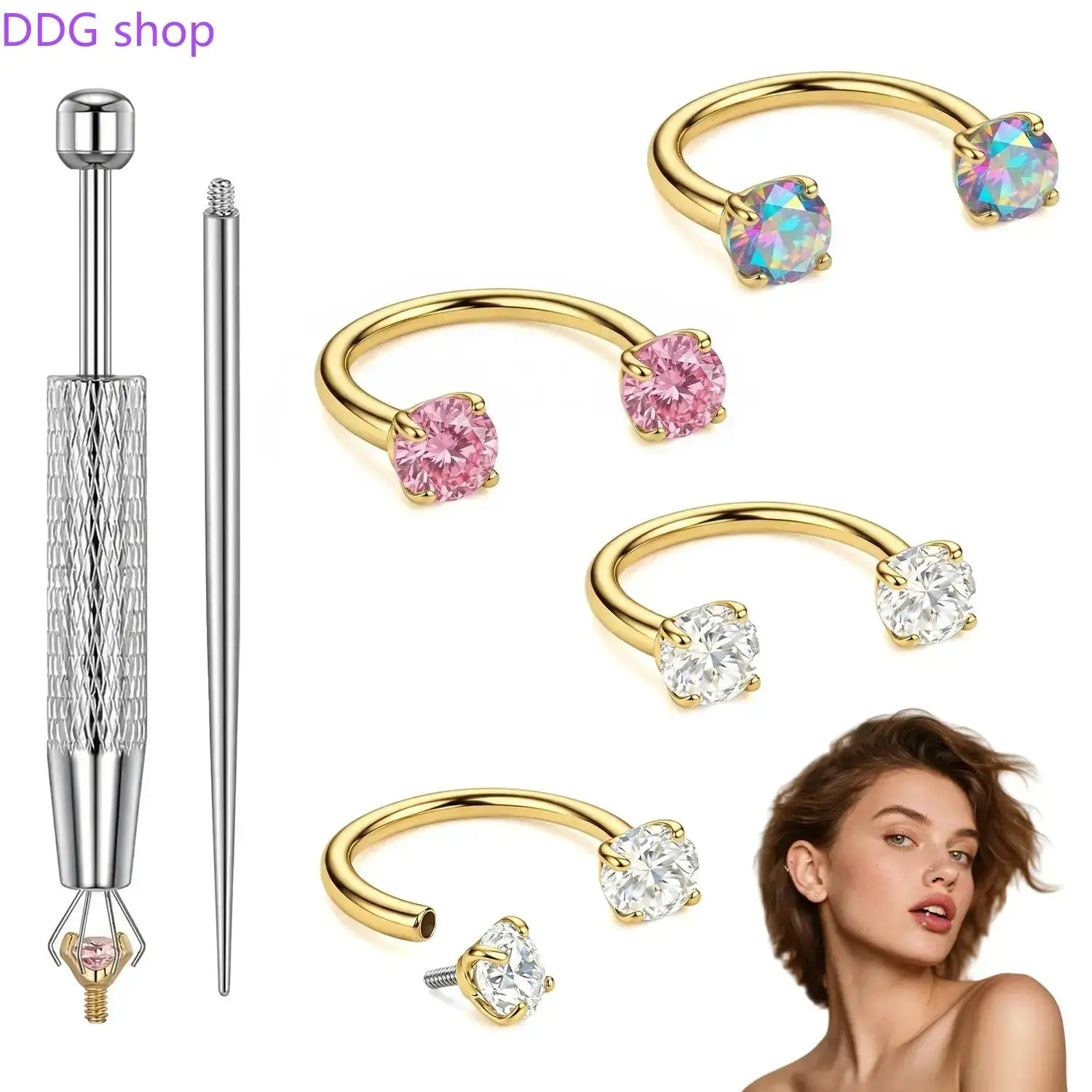 18G Titanium Steel Nose Rings Set – Internally Threaded Horseshoe Hoop with Gems, Surgical Grade, Includes Insertion Tool