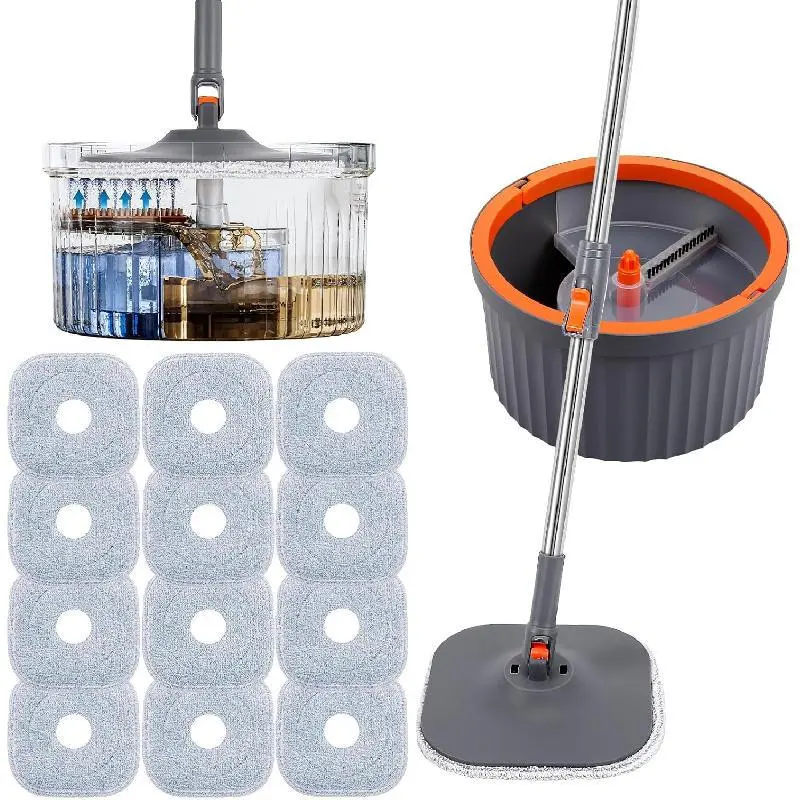 Spin Mop and Bucket Set with Separate Dirty & Clean Water, Aluminum Handle, 12 Pads, Turbo Rotation, Water Absorbent, Floor Cleaning for Indoor Surfaces & Walls