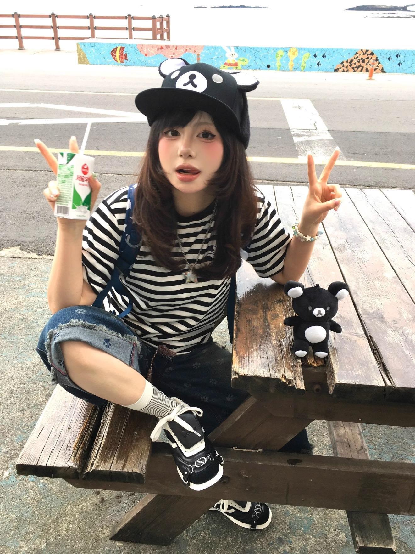 Cute Bear Ears Black Baseball Cap Adjustable Snapback Rilakkuma Inspired Y2k Sweet Cool Gyaru Daily Outfit For Girls Women