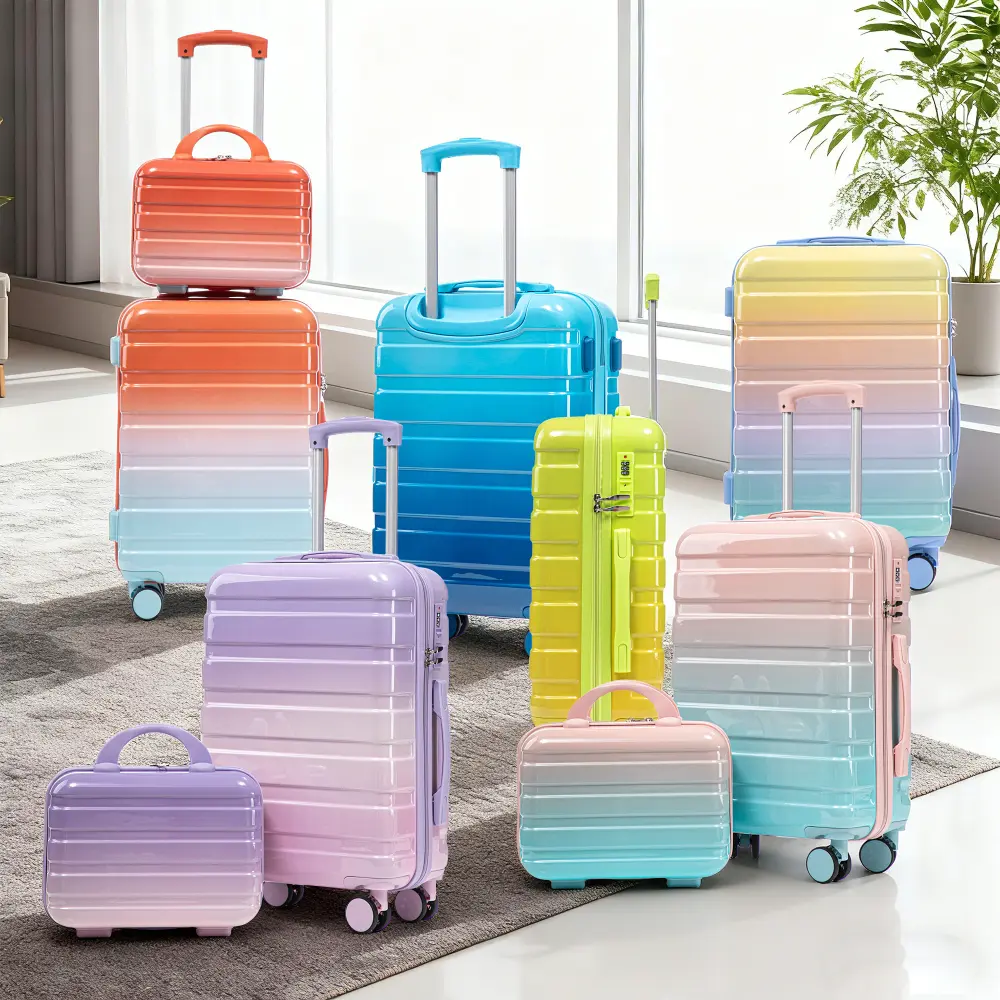 2PCS 2 Sizes PC Shell Spinner Luggage Set (14"/20"), Carry On Suitcase with Silent Wheels, Fixed Buckle, Lightweight Hard Shell, Gradient Color, TSA Lock, Durable for Family Trips (Blue + Yellow), Modern Family, Travel Luggage, Two Sizes