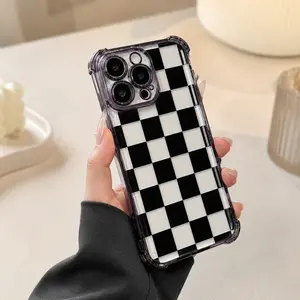 Black checkered four-corner drop-proof TPU phone case for iPhone Samsung Galaxy 17 Air 16Pro Max 15 14Plus 13 12 11 XR XS S26Ultra S25 S24 S23  Simple and stylish camera protection Shockproof Anti-Drop Shockproof Drop Protection Durable Phone Case.
