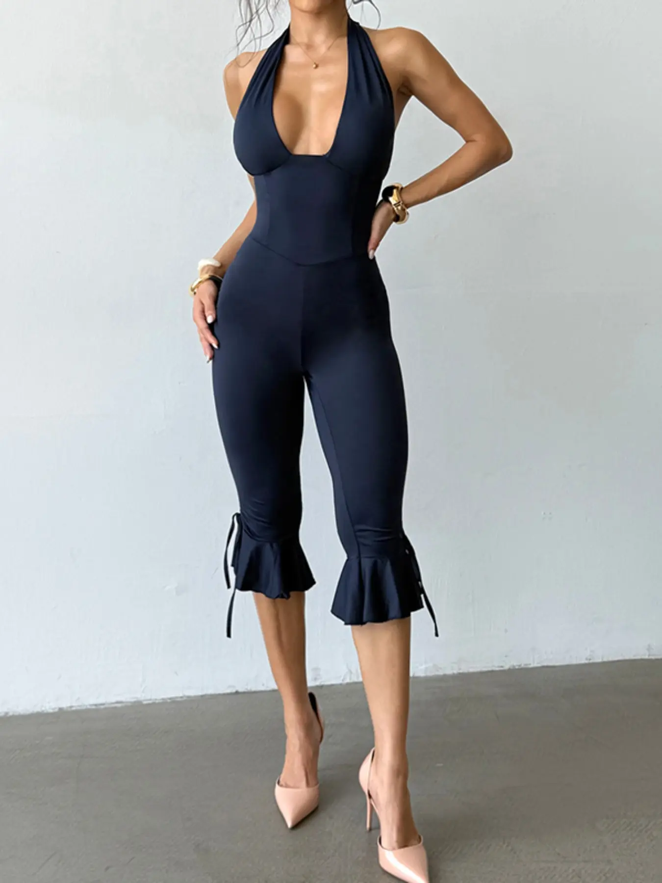 Deep V Neck Fitted Bodysuit, Womenswear, Feminine, Sexy Plain Design, Ruffle, Spring & Fall Fashion, Comfortable and Stylish, Perfect for Everyday Wear