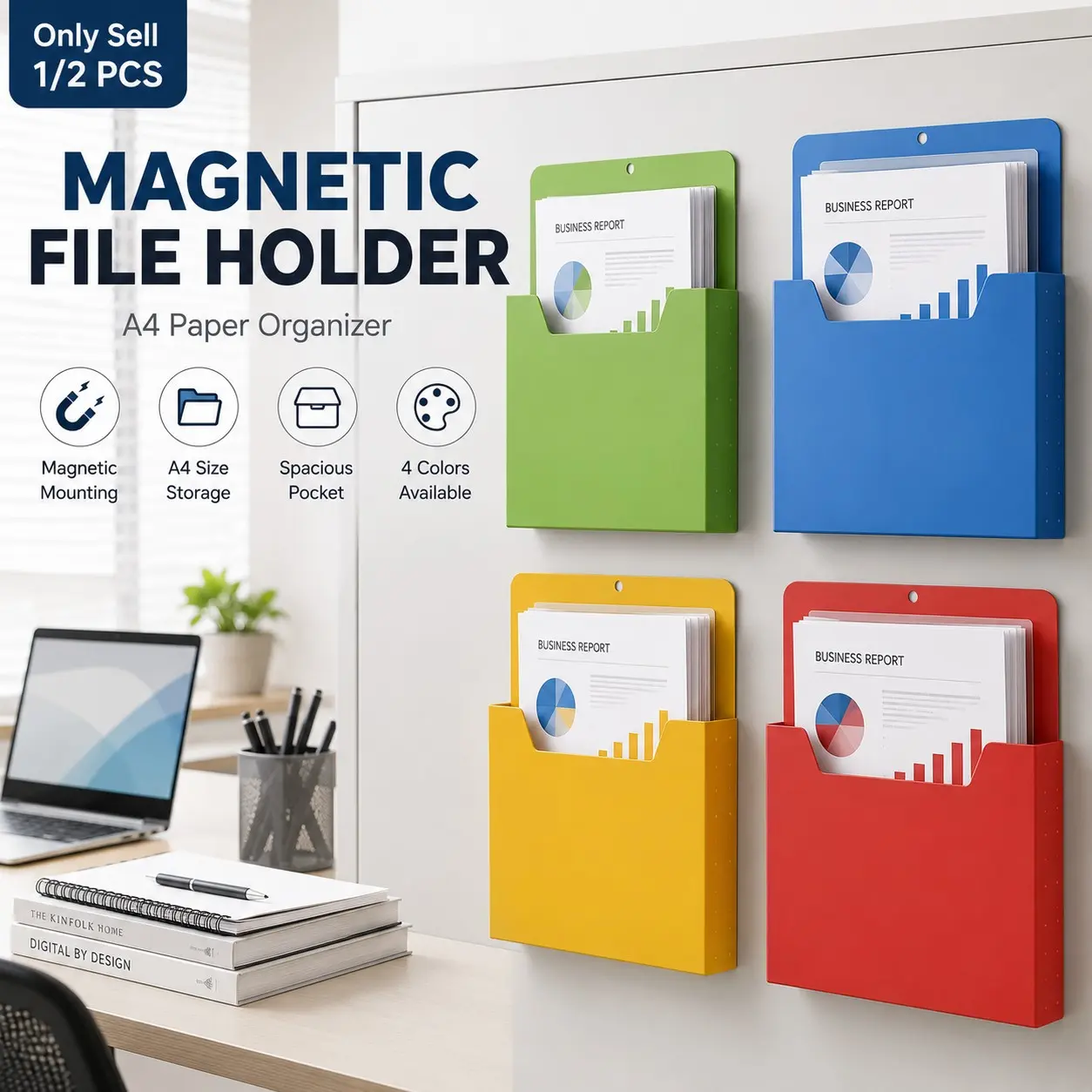 1/2PCS Magnetic File Holder, A4 Deep Pocket Document Storage Rack, Magnetic Wall Organizer for Papers, Folders, Magazines and Files, Refrigerator, Locker, Classroom, Kitchen and Office Organization