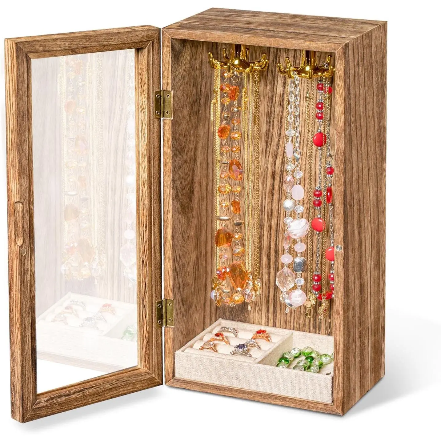 SINGLBA Necklace Holder Organizer, Wooden  Box for Women Girls, Rotatable  Organizer Case with Ring Tray Display & Storage for Necklaces Bracelets Rings Earrings, Gifts for Women Her