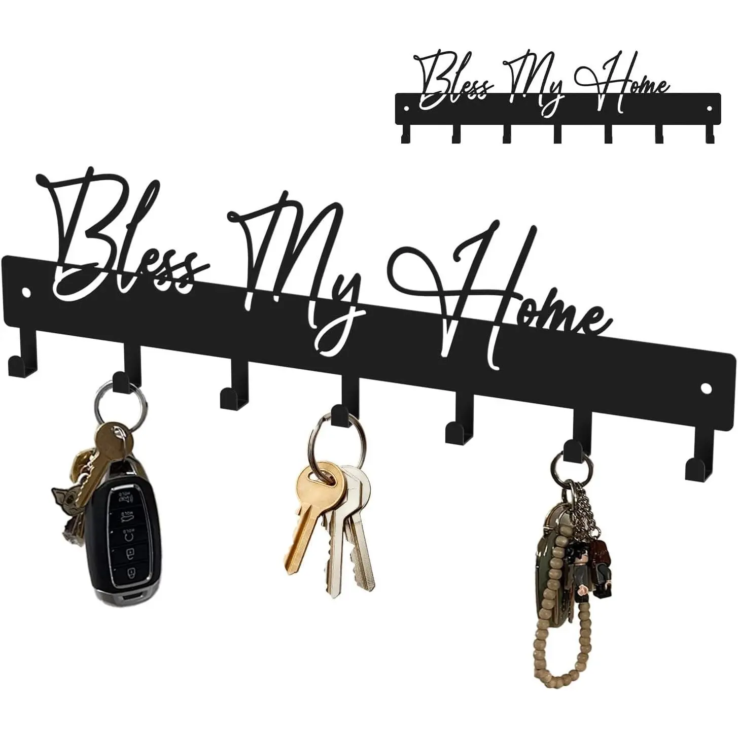 Exquisite Fashion Phrase Key Holder Wall Mount,Bless My  Key Hooks for Wall Decoration,Black Metal Key Hanger with 7 Hooks for Entryway,Office,Living Room Decor