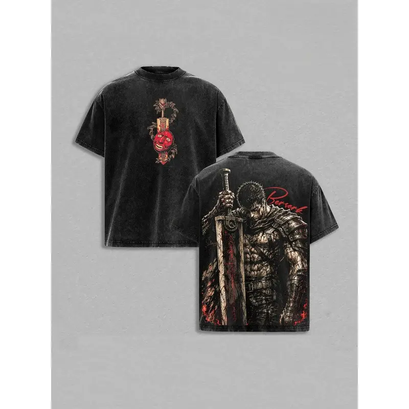 Men's Guts Berserk Vintage Washed Oversized Heavy Cotton Short-Sleeve Round Neck Casual Print T-Shirt, Unisex Streetwear Apparel Gift for Berserk Fans, Shortsleeve, Tshirt, Vintage Graphic Tees, Anime Merchandise