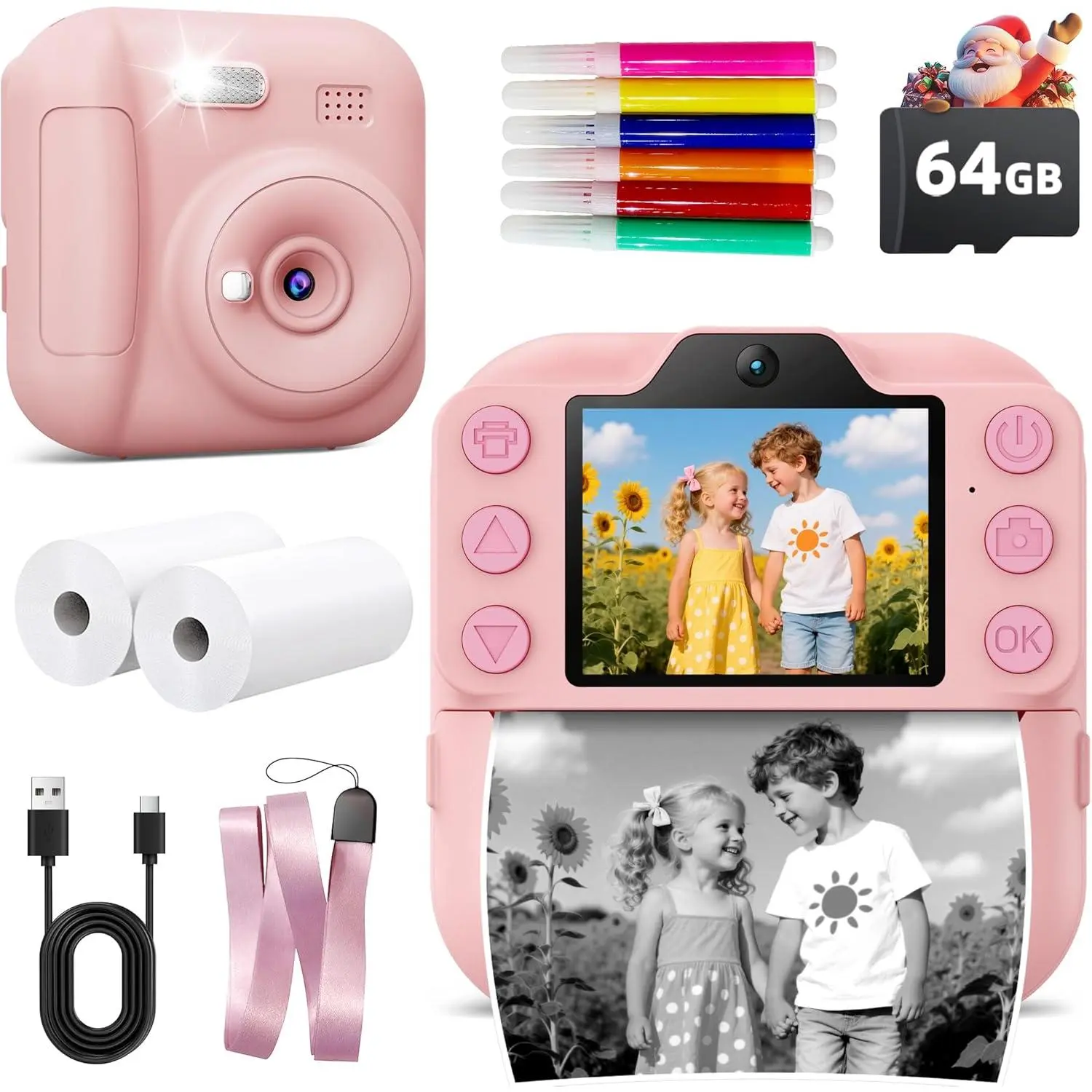 Kids Camera Instant Print, Toddler Toys Christmas Birthday Gifts for Girls Boys, Portable Digital Camera 64GB SD Card, Kid Toy for Ages 3-12 Girl Xmas Gift for 3 4 5 6 7 8 9 10 Year Old (Pink)
