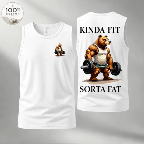 Men’s 100% Cotton Sleeveless Tank Top, Funny Bear Gym Graphic Muscle Shirt, Front and Back Print Casual Summer Vest, Soft Breathable Loose Fit Workout Tee for Daily Wear