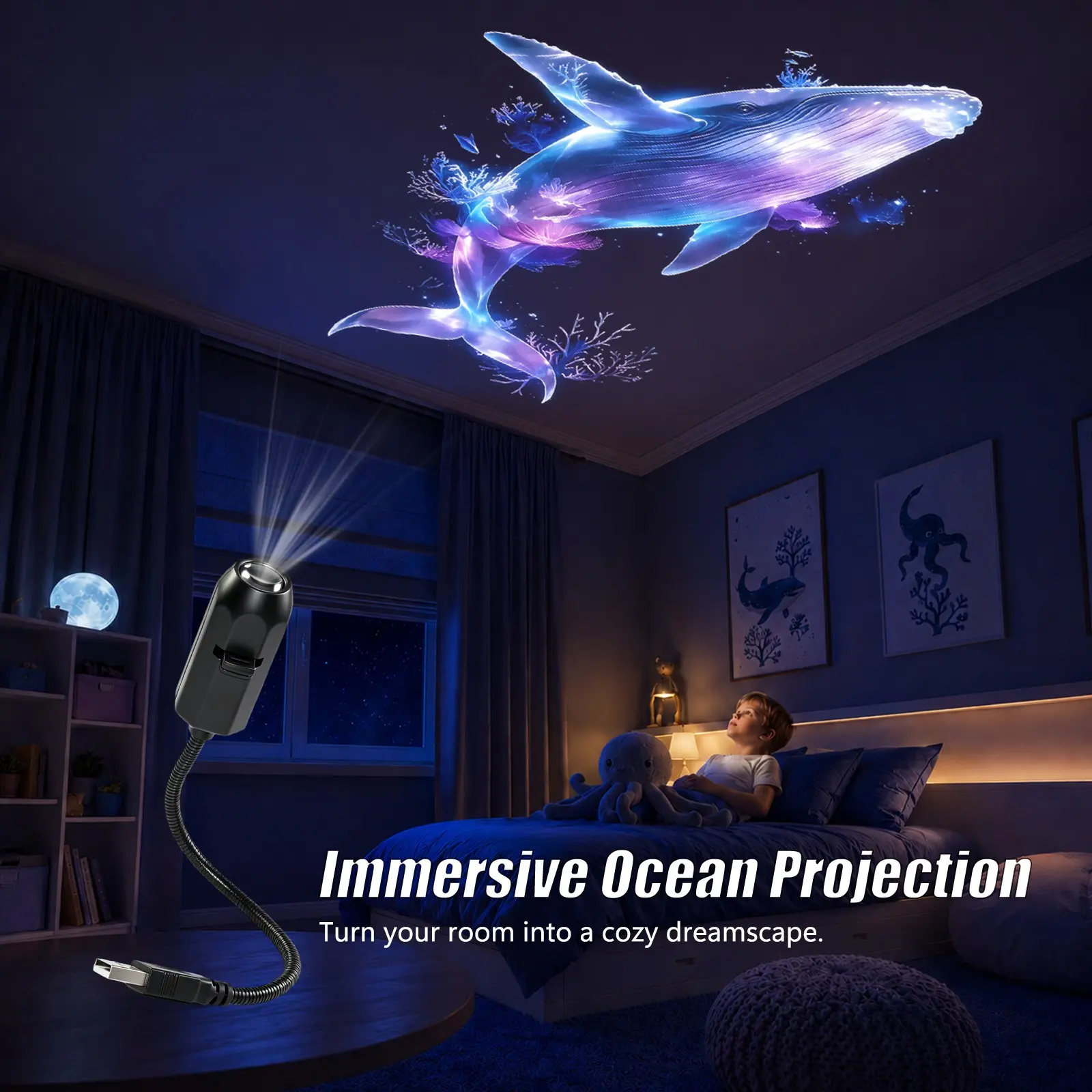 Ocean Projector Light, USB Powered Ocean Wave Projection Lamp for Bedroom Ceiling, Underwater Sea Atmosphere Decor for Kids Room, Home Relaxation and Night Ambience