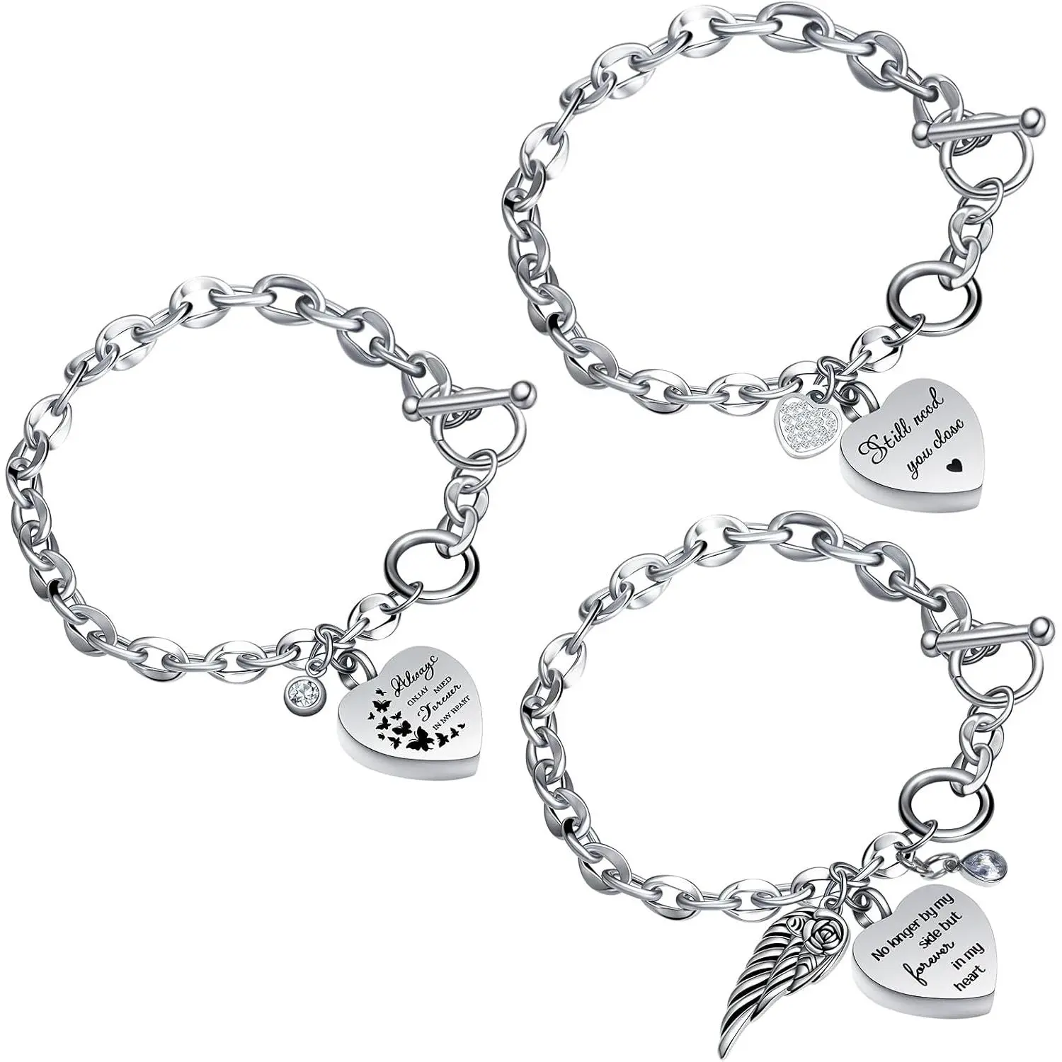 3 Pack Urn Bracelet for Ashes Cremation Ashes Bracelet Memorial Rhinestones  Heart Locket Holder with Different Words Stainless Steel Urns Bangle  for Women Men