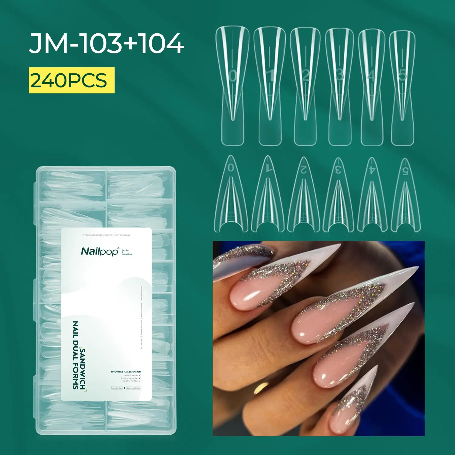 Sandwich Dual Forms F1 Nail Mold Clear Nail Extension Forms Dual Nail Forms for Builder Gel Acrylic Gel 15 Sizes 240PCS Nail Extension Tools