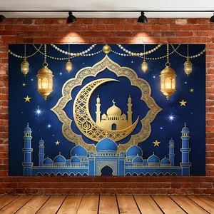 Islamic Geometric Eid Banner Backdrop Modern Spiritual Style Polyester Fiber Tapestry Wall Hanging Photography Background Ramadan Wedding Party Home Studio Mosque Indoor Outdoor Durable Fabric