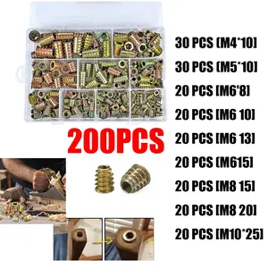 200pcs M4-M10 Metric Thread Pre-Embedded Nuts Kit, Zinc Alloy Bolt Fastening Connectors, Hex Socket Embedded Inserts for Wooden Furniture