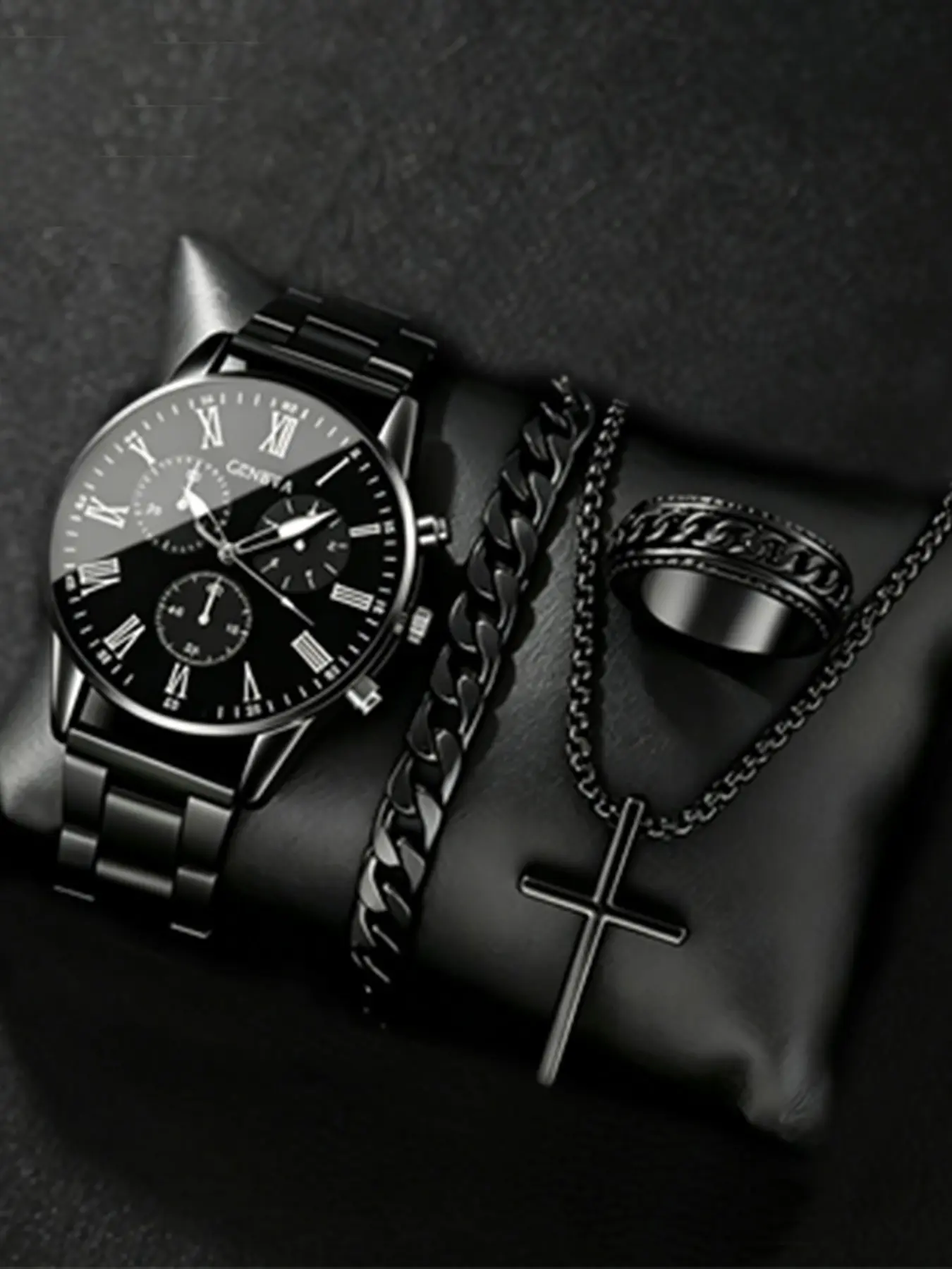 Men's Watch Jewelry Set (4 Piece), Geneva Chronograph Quartz Watch, Roman Numerals, Stainless Steel Band, Cuban Chain Bracelet, Cross Necklace, Ring