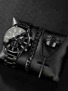Men's Watch Jewelry Set (4 Piece), Geneva Chronograph Quartz Watch, Roman Numerals, Stainless Steel Band, Cuban Chain Bracelet, Cross Necklace, Ring