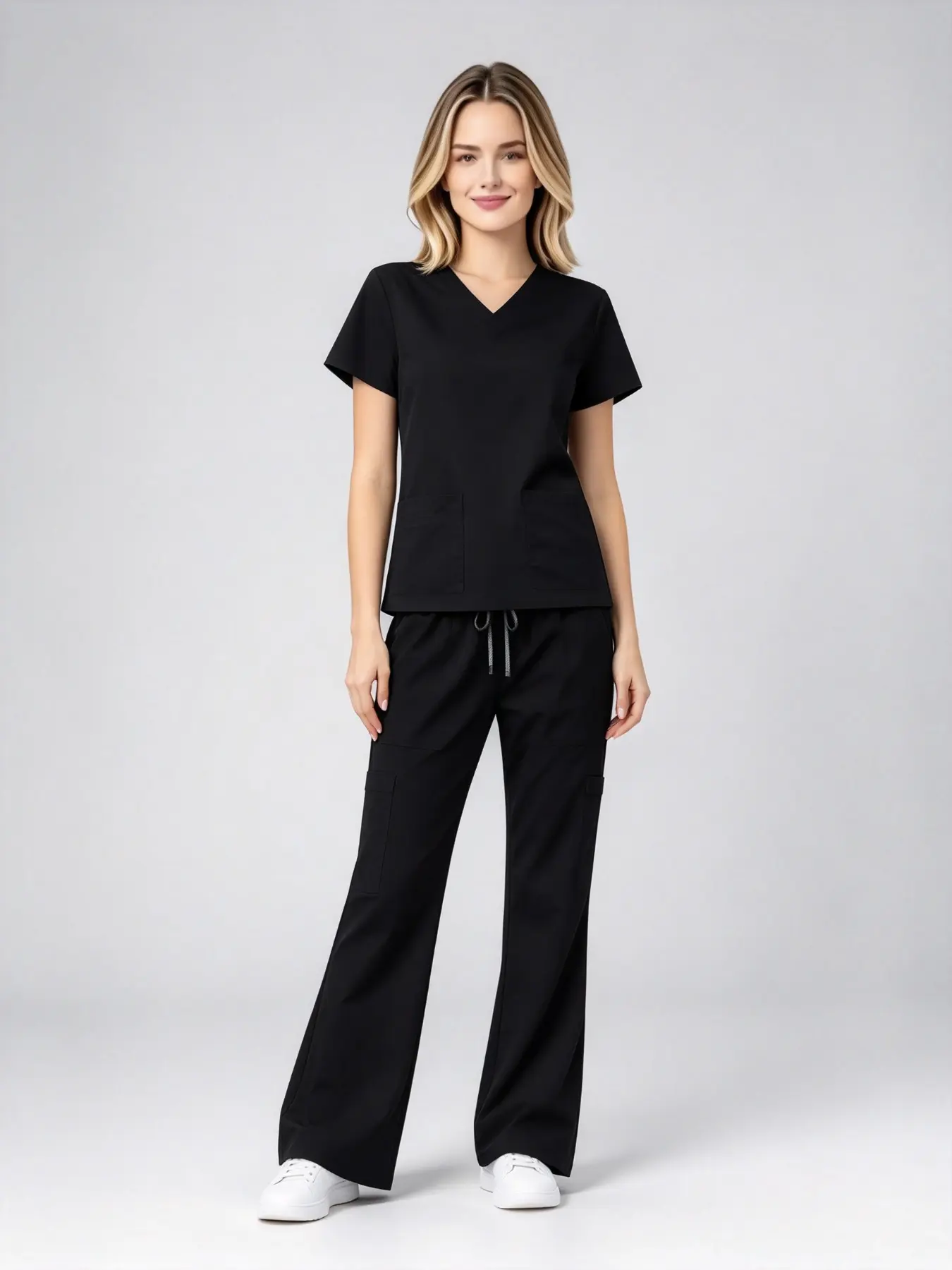 V Neck Womens Stretch Scrub Suit Short Sleeve Flared Trousers Workwear For Hospital Emergency Room Ward Nurse Station