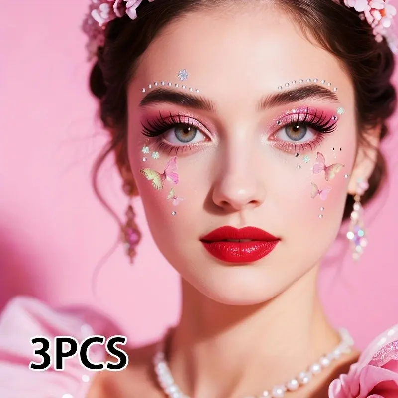 3pcs Butterfly Face Glitter Stickers, Diamond Eye Makeup Decorations, Bright Rhinestones Tear Dots, Stage Makeup Adhesive Papers