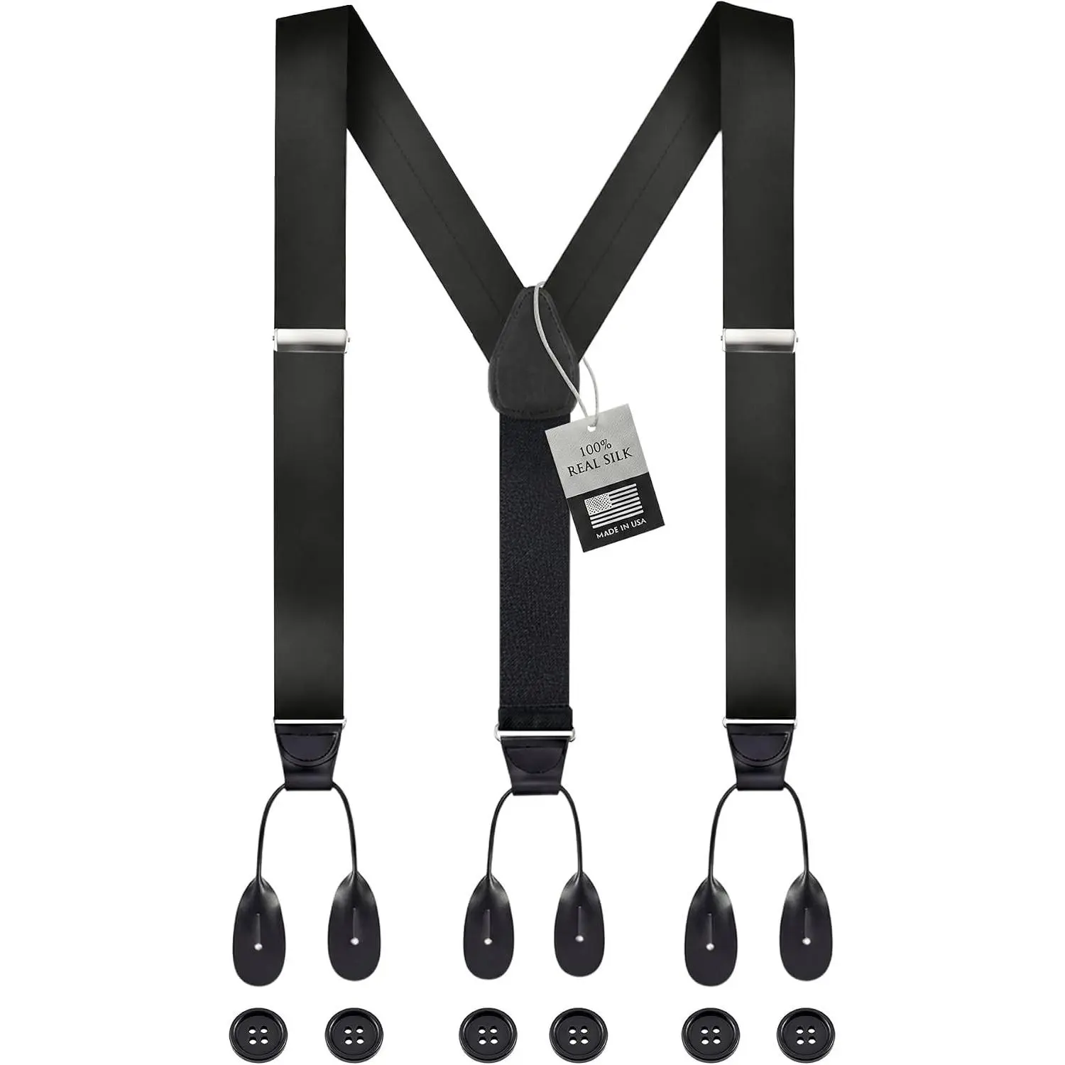 Tuxedo Suspenders Formal Black 100% Silk Made in USA Button Suspenders for Men Wedding Tux Suspenders(Gift)