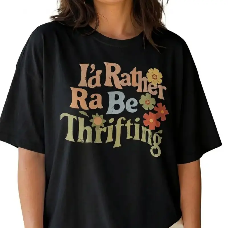 I'd Rather Be Thrifting Shirt Women Retro Floral Graphic Tee Plus Size